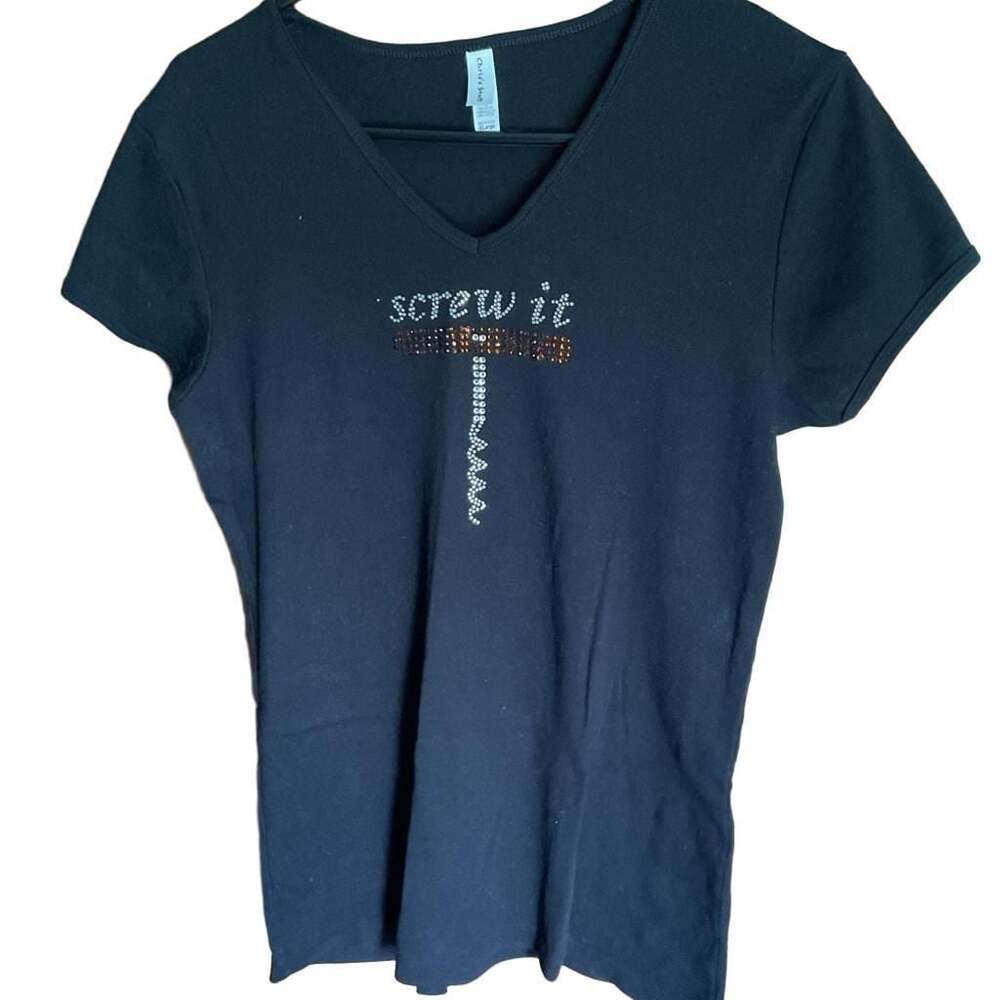 Chris's Stuff Black "Screw It" Wine Graphic Tee Size XL